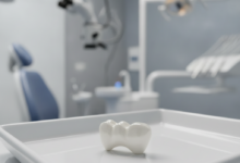 A close-up, highly detailed photorealistic image of a perfect, gleaming white dental crown, likely made of porcelain or zirconia, resting on a sterile white surface. The background is softly blurred, depicting a sophisticated and modern dental clinic with clean lines and cool lighting, symbolizing quality dental care and advanced technology.