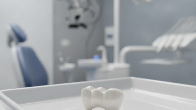 A close-up, highly detailed photorealistic image of a perfect, gleaming white dental crown, likely made of porcelain or zirconia, resting on a sterile white surface. The background is softly blurred, depicting a sophisticated and modern dental clinic with clean lines and cool lighting, symbolizing quality dental care and advanced technology.
