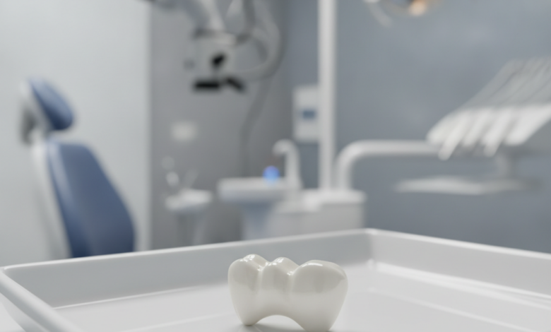 A close-up, highly detailed photorealistic image of a perfect, gleaming white dental crown, likely made of porcelain or zirconia, resting on a sterile white surface. The background is softly blurred, depicting a sophisticated and modern dental clinic with clean lines and cool lighting, symbolizing quality dental care and advanced technology.
