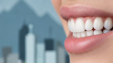 Close-up of a radiant, healthy smile with perfectly white teeth, subtly set against a softly blurred background suggesting a Canadian environment, conveying cleanliness and professionalism.