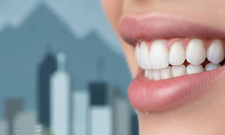 Close-up of a radiant, healthy smile with perfectly white teeth, subtly set against a softly blurred background suggesting a Canadian environment, conveying cleanliness and professionalism.